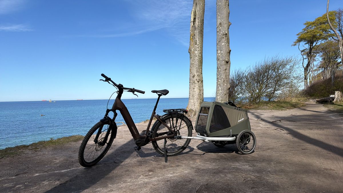E-Bike mit Hundeanhänger an der Steilküste zwischen Warnemünde und Börgerende