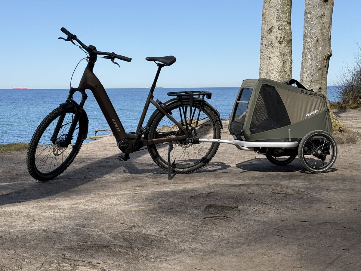 E‑Bike mit Hundeanhänger an der Ostseeküste